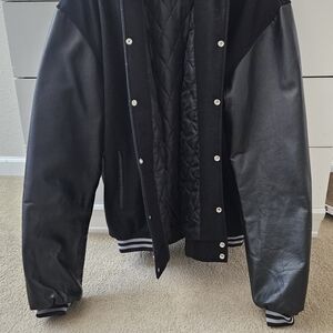 Classic Black Varsity Bomber Jacket with Hood